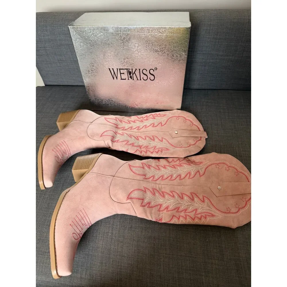 New WETKISS Womens Size 8.5 Pink Embroidered Cowboy Boots Western Cowgirl